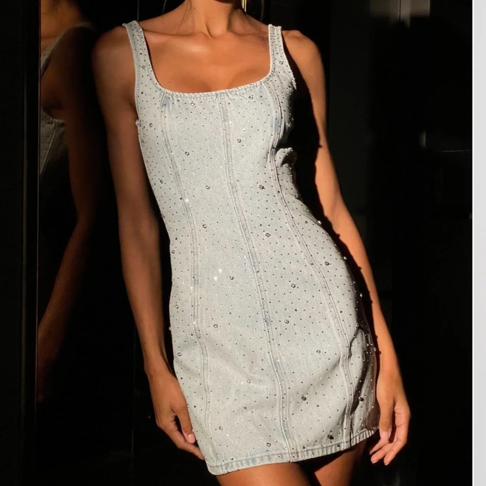 meshki light wash denim rhinestone studded mini dress - worn once - size XL
